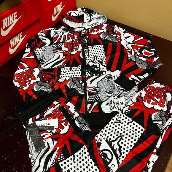 Reason Mens Multicolor Money Calls Comic Print Hoodie & Pant Track Set Size L - Picture 1 of 4